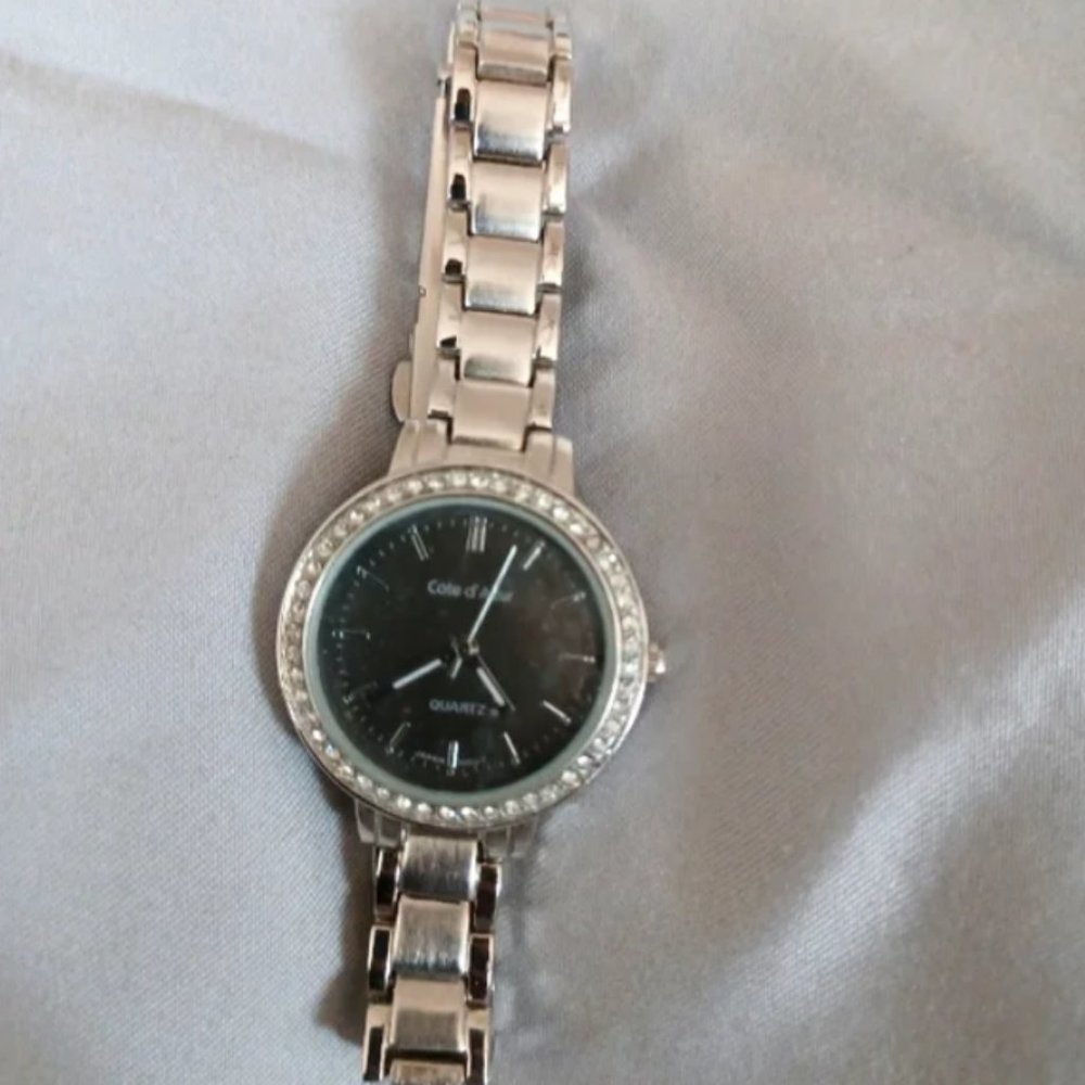 Cote D’ Azur Quartz Rhinestone studded silver Watch black dial timepiece